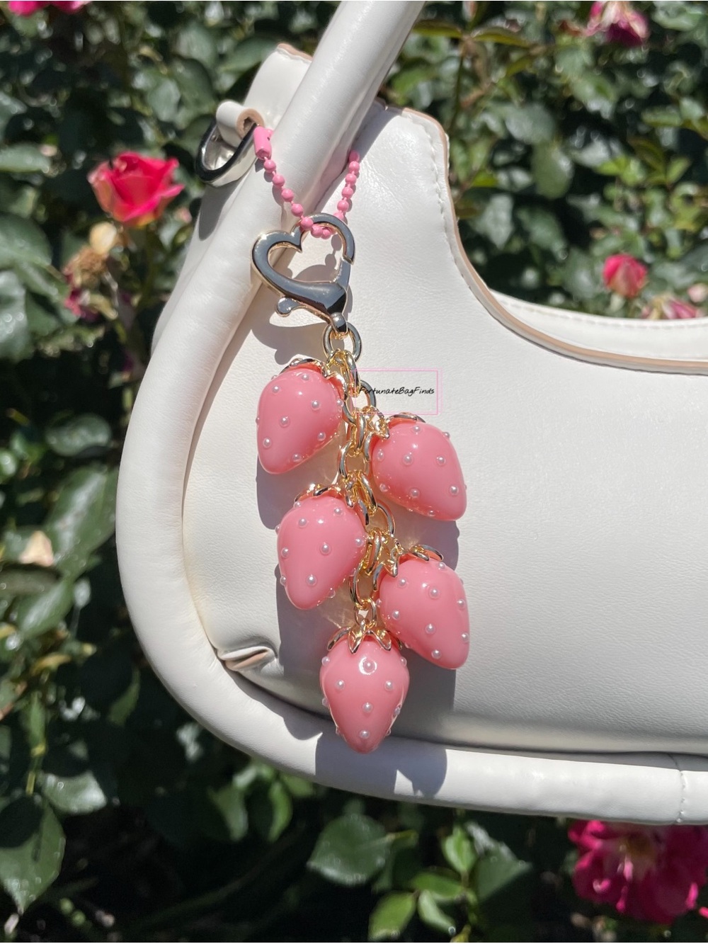 Pink Pearl Heart Strawberry Cluster Charm Coquette Cute Kawaii Bag Purse Charm - Picture 3 of 7